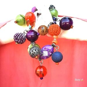 Vintage Boho Bead Bracelet, Glass, Acrylic, Metal